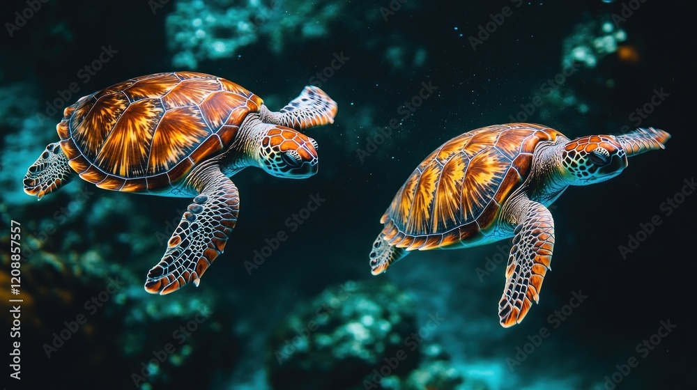 Obraz premium Two colorful sea turtles swimming over coral reef