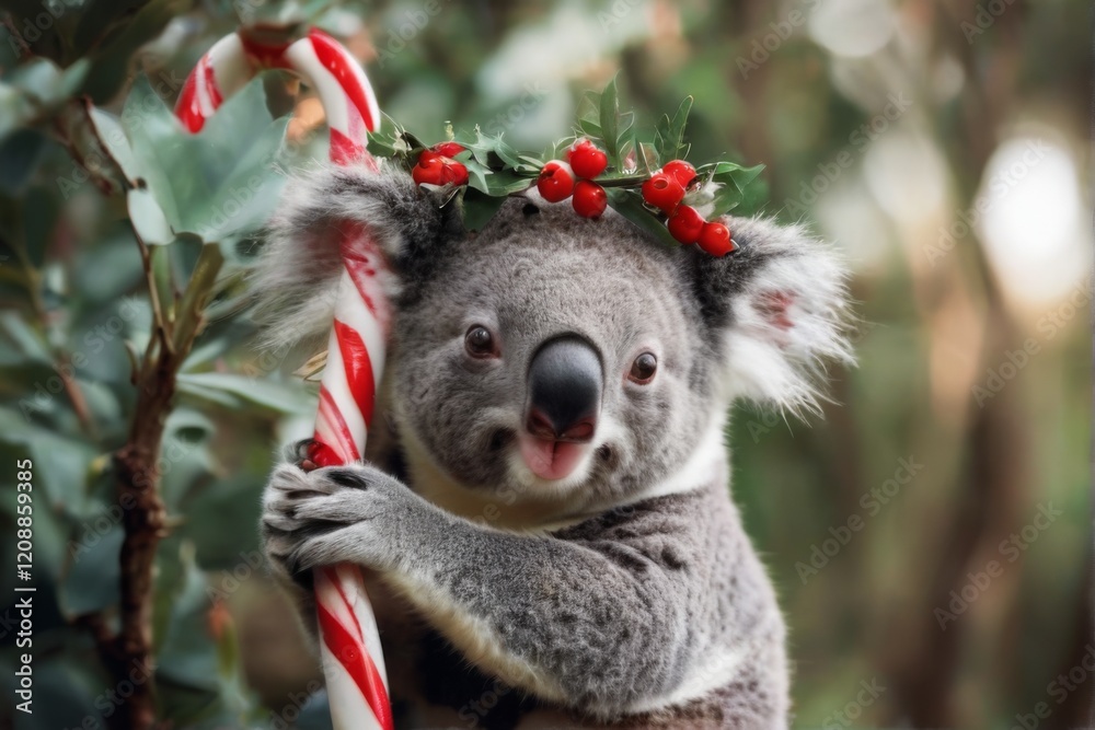 Fototapeta premium Festive closeup portrait of a grey and white koala bear holding a candy cane with a wreath on its head.