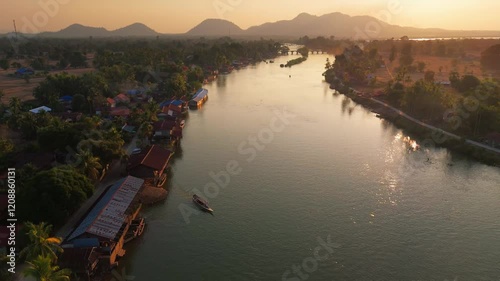 Aerial Laos at sunset of Don det and 4000 island Mekong river drone footage travel destination 
