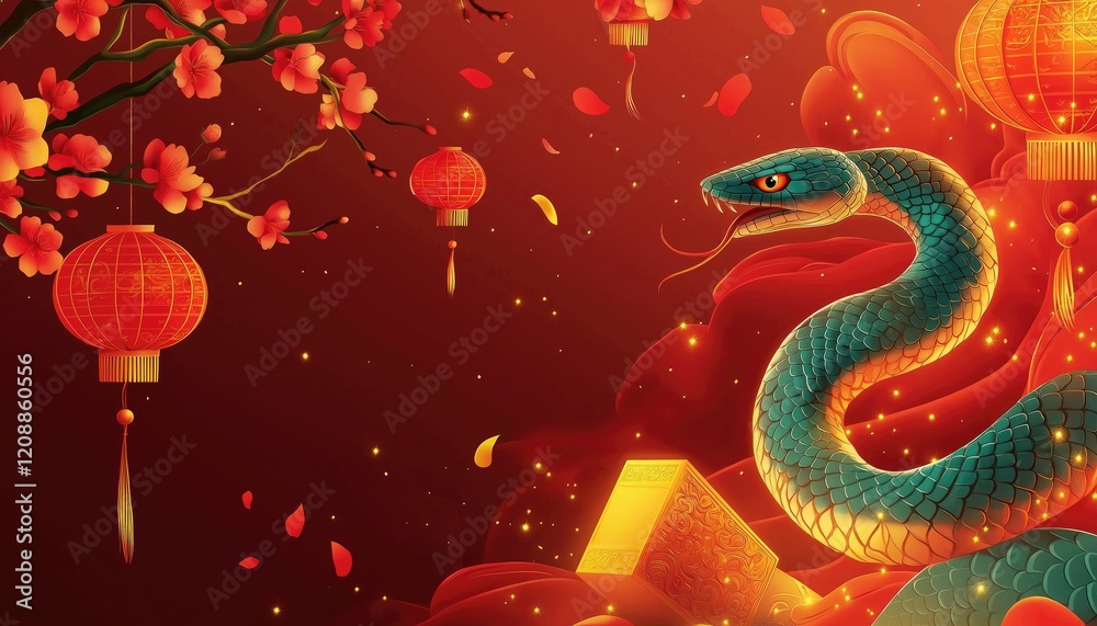 Obraz premium Lunar New Year Snake and Lanterns with Plum Blossoms on Red Background