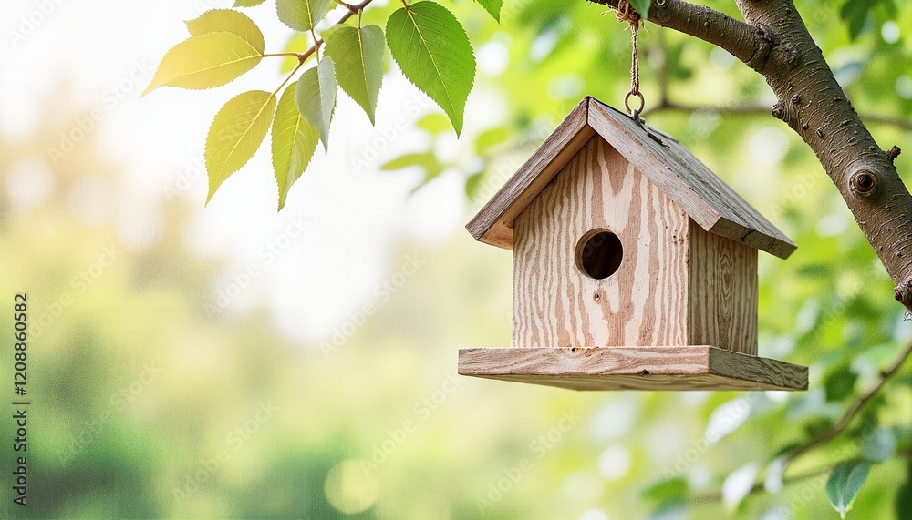 Naklejka premium Wooden birdhouse hanging on a tree branch in a lush green garden.