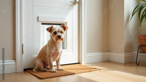 Smart Microchip Pet Door with Small Dog. Perfect for advertising innovative pet technology products, highlighting smart home solutions, showcasing pet-friendly designs for contemporary living spaces