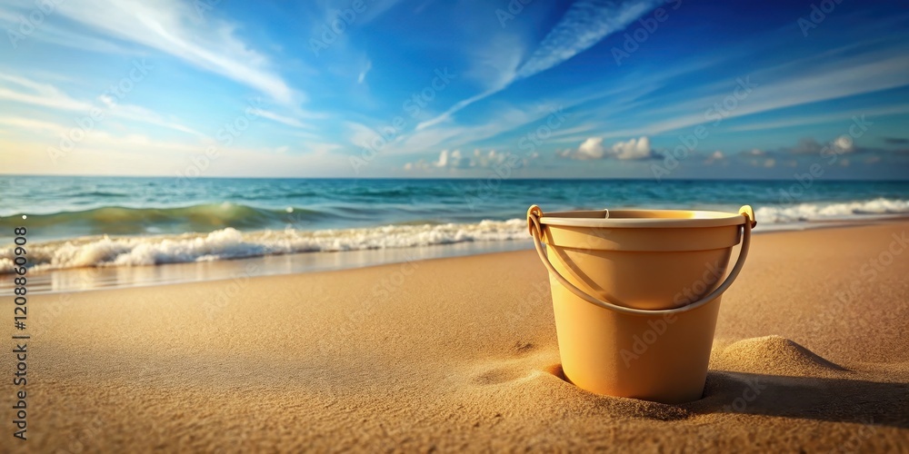 rendered of a sand bucket on a beach, sand bucket, beach, sand, summer, vacation, seaside, pail, toy, bucket, rendering rendered of a sand bucket on a beach, sand bucket, beach, sand, summer, vacation, seaside, pail, toy, bucket, rendering