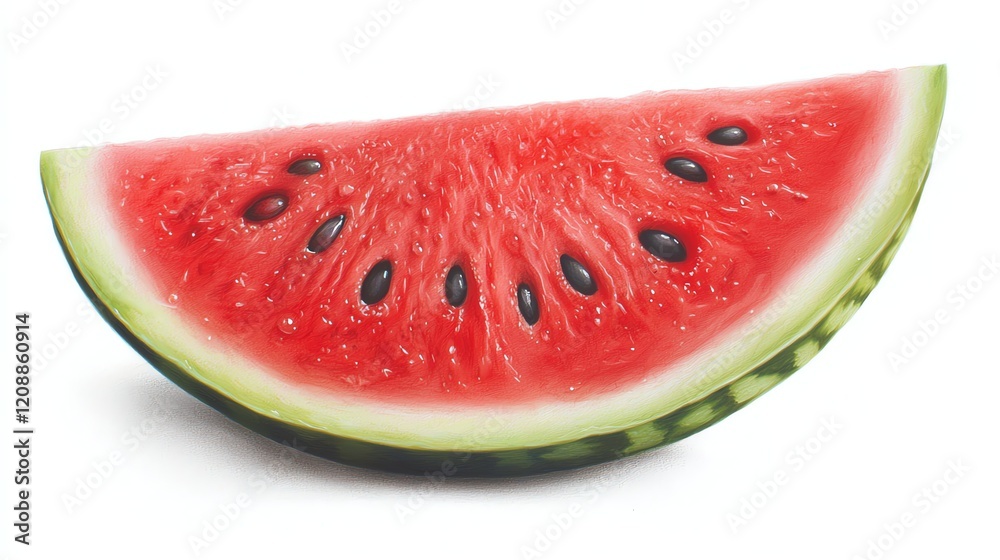 A vibrant slice of watermelon displaying bright red flesh, black seeds, and a green rind, perfect for summer refreshment. A vibrant slice of watermelon displaying bright red flesh, black seeds, and a green rind, perfect for summer refreshment.