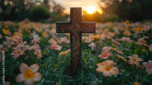 Stone cross amidst a field of flowers at sunset symbolic of peace and remembrance