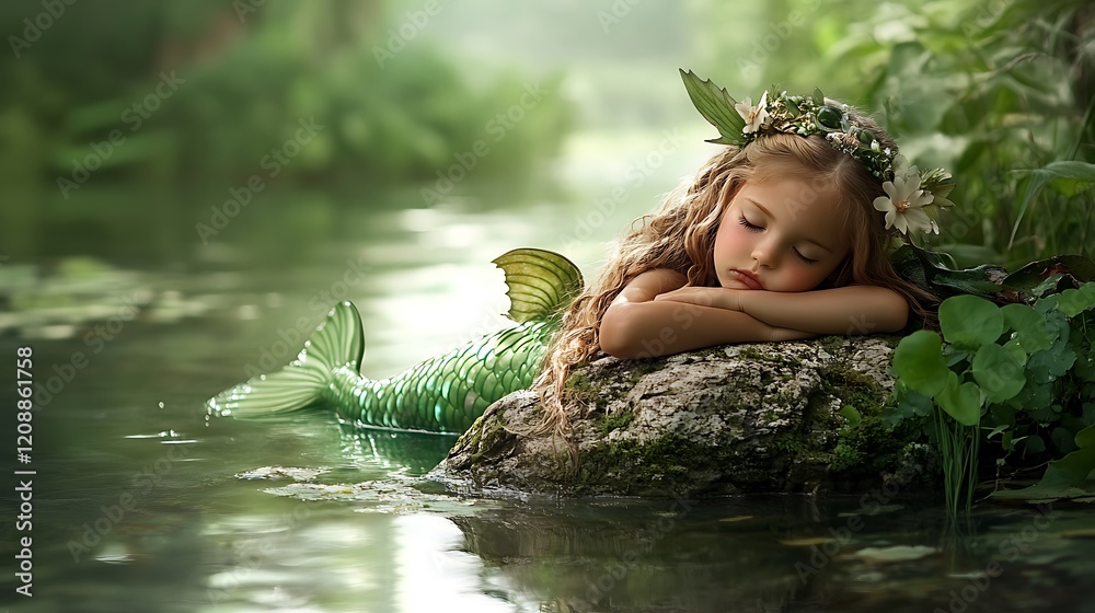 Fototapeta premium Enchanting Young Mermaid Asleep on Rock Surrounded by Lush Greenery in Peaceful Tranquil Setting