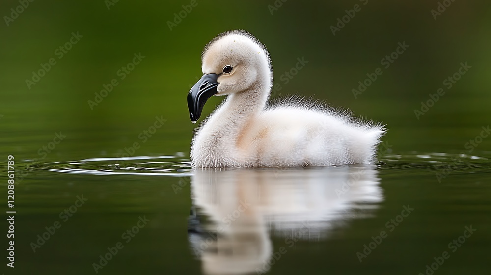 Cute fluffy young swan swimming gracefully on a calm reflective water surface in a serene natural environment Cute fluffy young swan swimming gracefully on a calm reflective water surface in a serene natural environment