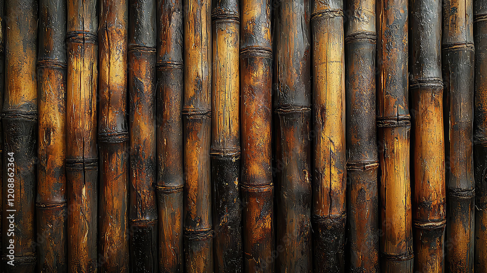 Close-up of dark brown bamboo stalks forming a textured wall background. Close-up of dark brown bamboo stalks forming a textured wall background.