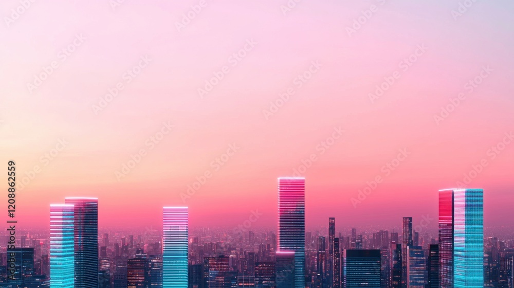 Fototapeta premium Climate Change Carbon Footprint Sustainability concept. Glowing Eco Friendly High Tech Urban Landscape at Vibrant Sunset