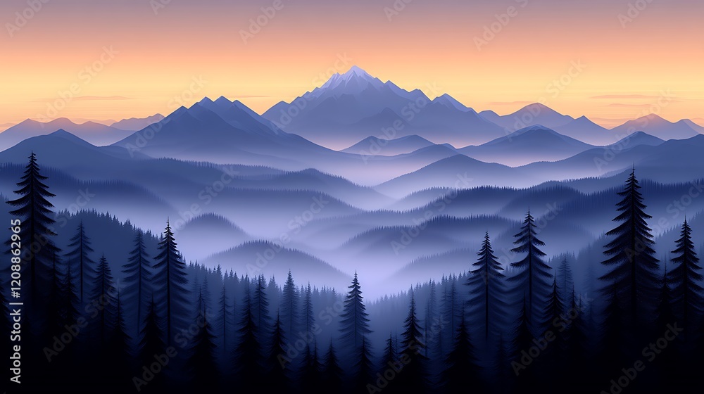 Obraz premium Majestic Mountains at Dusk Over a Misty Forest