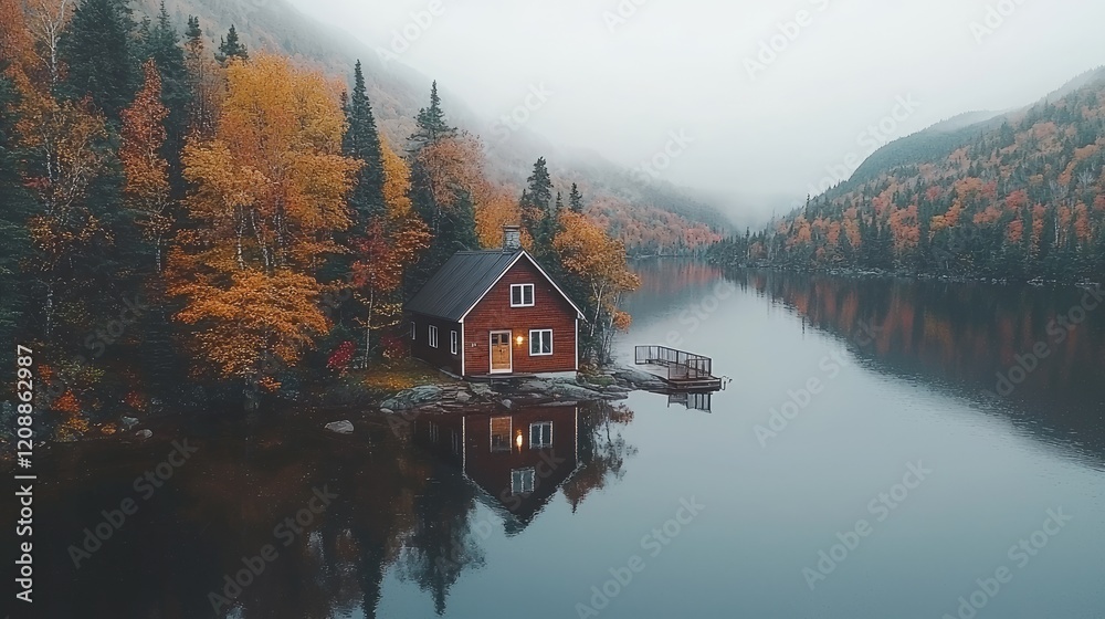 Fototapeta premium Autumnal lake house, misty mountains, calm water reflection, peaceful escape