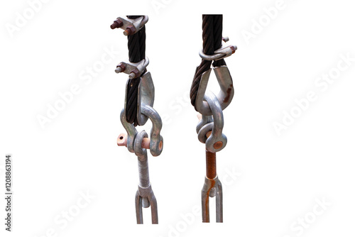 Sling is attached to concrete base isolated on cut out PNG or transparent background. Bolt fixed on guy wire. U-BOLT or clamp with bolt attached to metal anchor on concrete base to support tension.