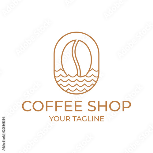 Coffee Bean Illustration with simple wave minimalist lines, Summer Sea Beach Logo Design Inspiration for Cafe