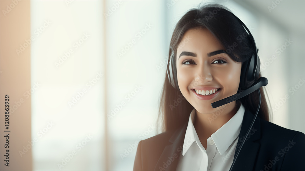 Young Hispanic Woman Smiling in Professional Attire with Headset Young Hispanic Woman Smiling in Professional Attire with Headset