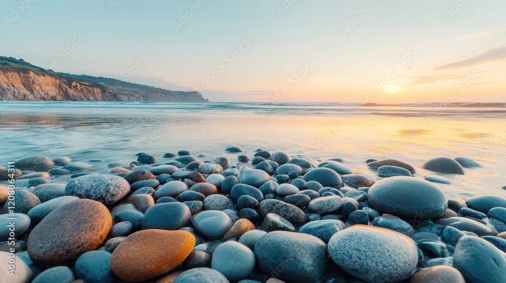 weathered rocky coastlines Pebbles on a beach with sunset over the ocean waves. weathered rocky coastlines Pebbles on a beach with sunset over the ocean waves.