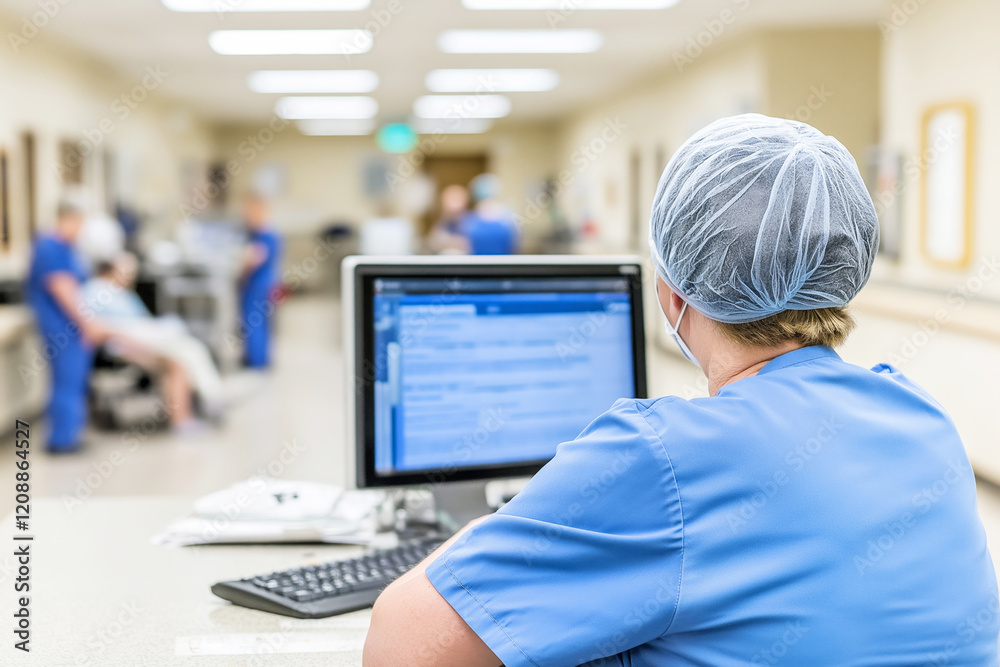 Fototapeta premium Healthcare female professional working on computer in hospital setting