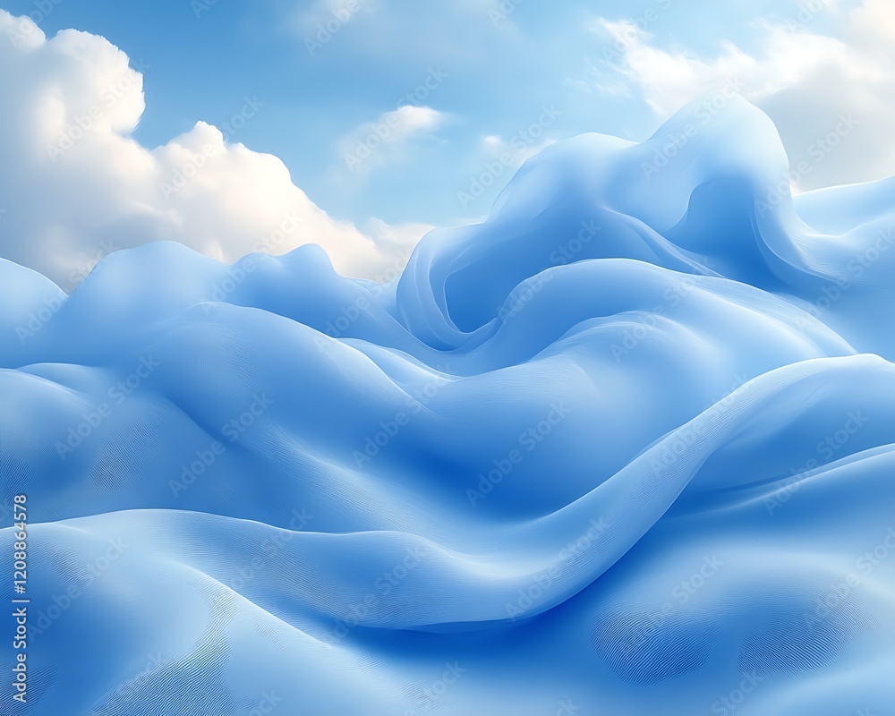 Fototapeta premium Abstract blue fabric waves under a sky.