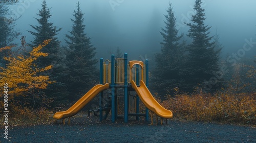 Lonely Playground Slides in Foggy Autumn Forest photo