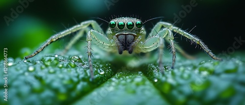 Close-up of a green jumping spider on a dewy leaf. photo