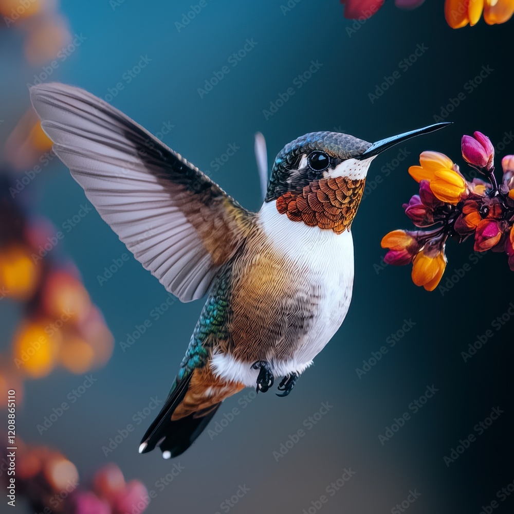 Obraz premium Hummingbird in Flight Colorful Flowers Nature Wildlife Bird