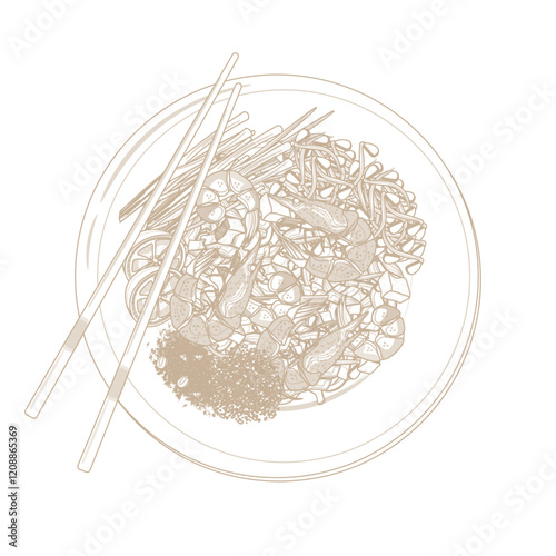 Vector Illustration Logo Simple line art Pad Thai Stir Fried Rice Noodles