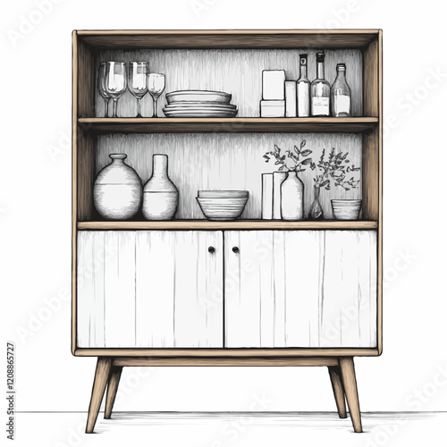 Modern wooden cabinet with dishes and decor in sketch style