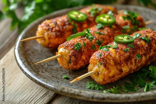 Delicate, cheesy jalapeño corn dogs are served on a rustic round plate. (Generative AI)