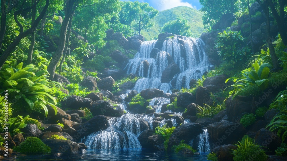 Lush rainforest waterfall cascading over rocks. Lush rainforest waterfall cascading over rocks.