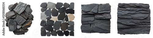 Assortment of Various Slate Rock Formations in Different Shades of Black Gray and White Tones Providing a Rugged Earthy and Organic Texture Background for Design Elements
