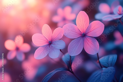 Pink flowers at sunset, soft focus.