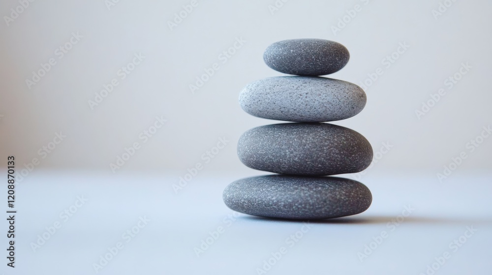 A serene stack of smooth gray stones balances harmoniously against a light background, symbolizing tranquility and mindfulness.