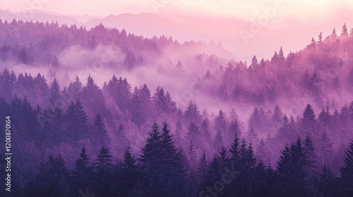 Misty purple mountain forest at sunrise.