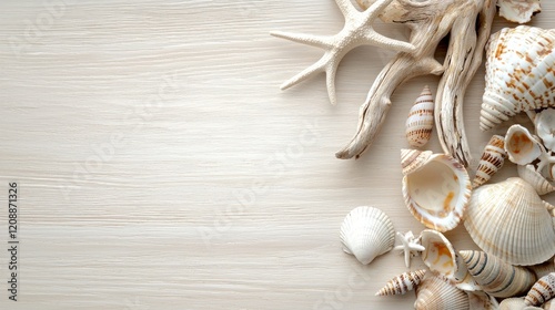 Seashells and driftwood on light wood background.