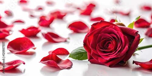 Delicate red rose petals scattered on a soft white background, with a few stems and leaves in the foreground , elegant design, flower details