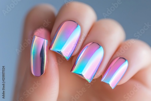Nail polish design, art and trends: Close-up of nails with holographic chrome nail polish, futuristic geometric nail art patterns, minimalism meets modern design trends, elegant and edgy.
