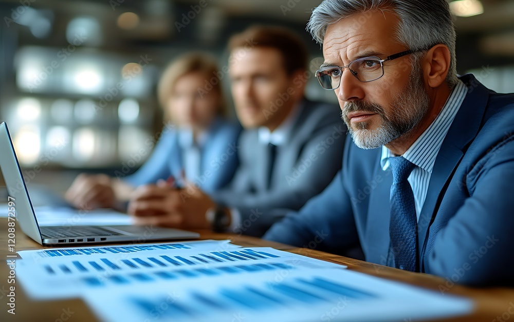 Serious businessman in meeting, analyzing data with colleagues. Serious businessman in meeting, analyzing data with colleagues.