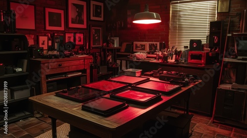 Darkroom, red light, photo processing, negatives, prints, enlarger. photo