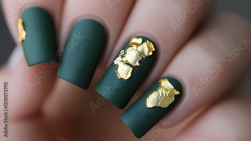 Nail polish design, art and trends: Gold leaf accents on matte forest green nails, organic textures paired with bold luxury-inspired design trends, elegant nail art. photo