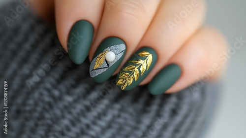 Nail polish design, art and trends: Gold leaf accents on matte forest green nails, organic textures paired with bold luxury-inspired design trends, elegant nail art. photo