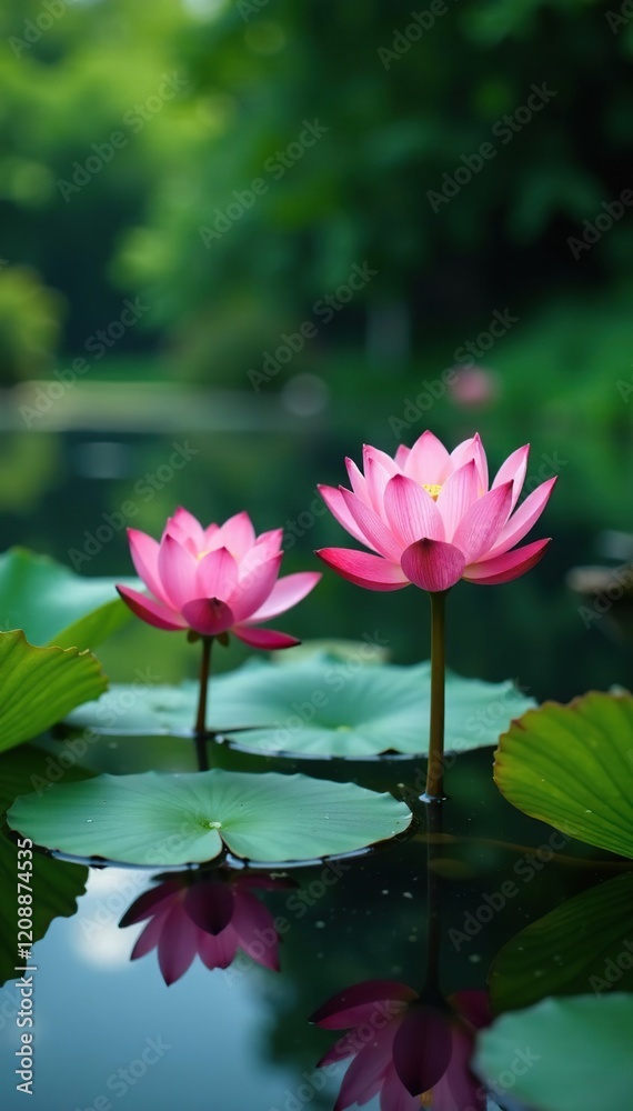 Pink lotus flowers on the surface of a peaceful lake, foliage, pink blooms Pink lotus flowers on the surface of a peaceful lake, foliage, pink blooms