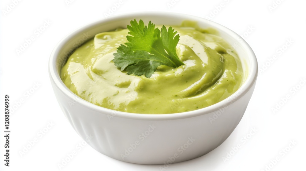 A bowl of creamy avocado dressing with ripe avocado, lime juice, cilantro A bowl of creamy avocado dressing with ripe avocado, lime juice, cilantro