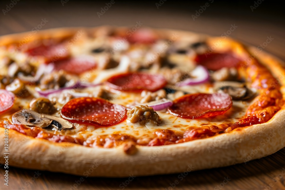 A whole pepperoni and mushroom pizza on a wooden table. A whole pepperoni and mushroom pizza on a wooden table.