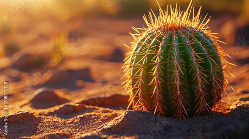 Golden hour sunlight on a desert cactus. photo