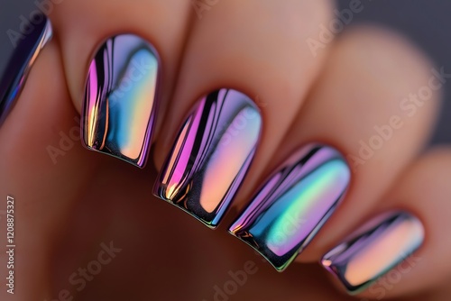 Nail polish design, art and trends: Mirror chrome nails with asymmetric abstract patterns, avant-garde nail art design trends, perfect for bold and futuristic fashion.