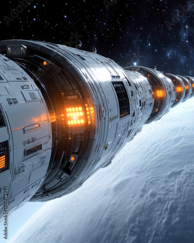Futuristic spacecraft soaring through the cosmos amidst stars.