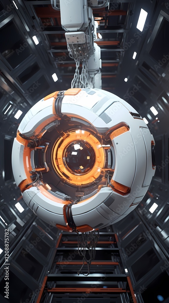 Fototapeta premium Digital technology orange and white space station ball poster background