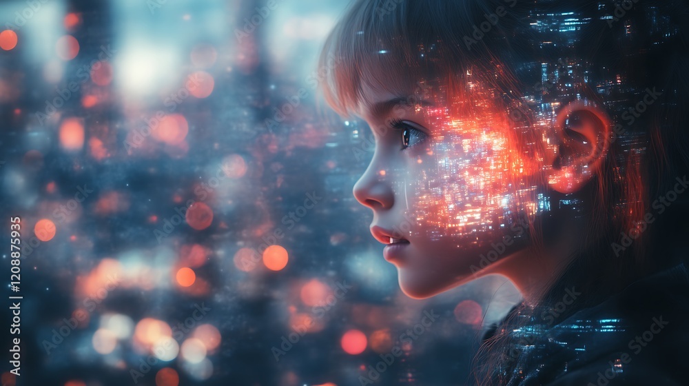Child's face superimposed with city lights. Child's face superimposed with city lights.