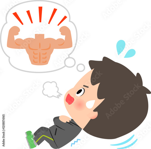 筋肉が付いた体を想像しながら腹筋運動する男性