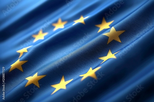 European union flag with waving golden stars on blue fabric background