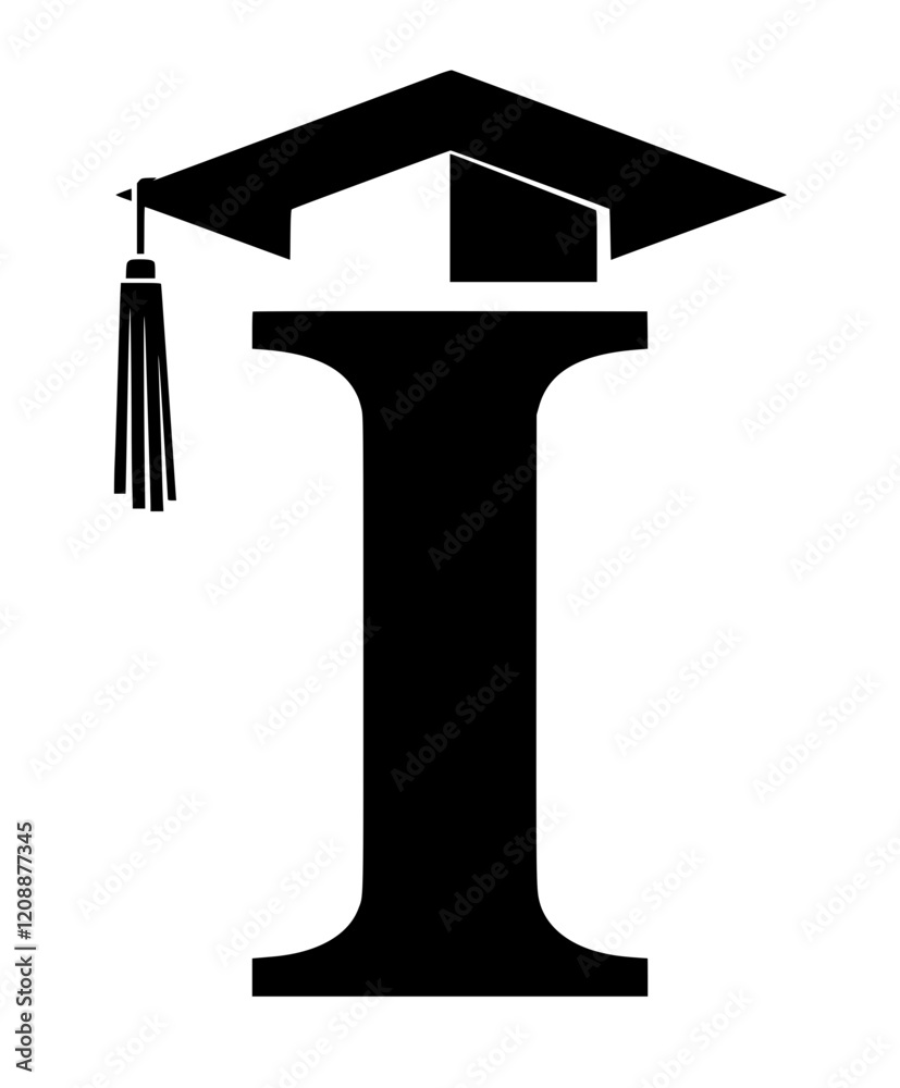 Graduation Cap on Letter I Symbol, Black and white illustration of the letter I wearing a graduation cap, representing education, achievement, and academic success.
Graduation Cap on Letter I Symbol, Black and white illustration of the letter I wearing a graduation cap, representing education, achievement, and academic success.